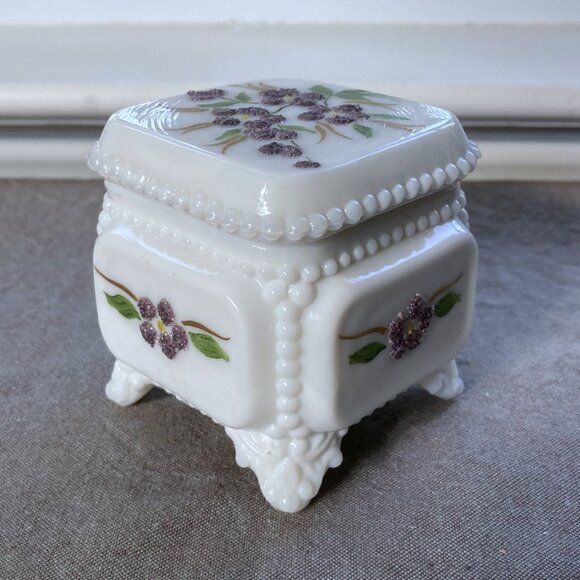 Westmoreland Milk Glass Trinket Box, Hand Painted, Sugared Floral, Vintage - Picture 3 of 11